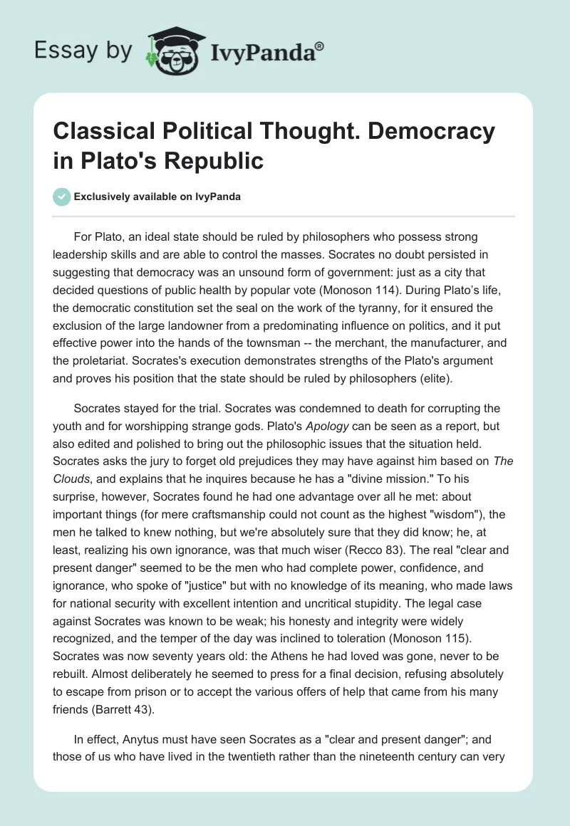 Classical Political Thought. Democracy in Plato's Republic. Page 1