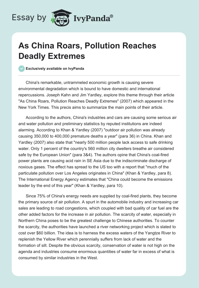 As China Roars, Pollution Reaches Deadly Extremes. Page 1