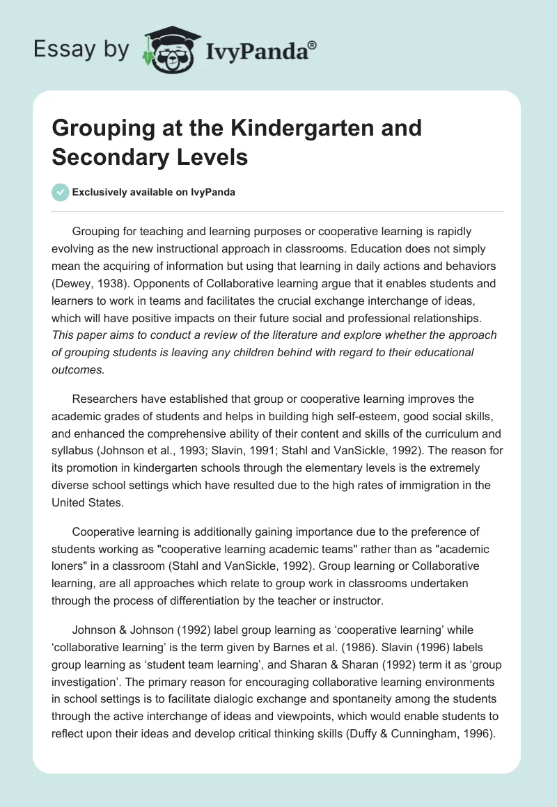 Grouping at the Kindergarten and Secondary Levels. Page 1