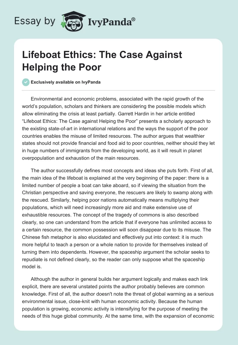 Lifeboat Ethics: The Case Against Helping the Poor. Page 1