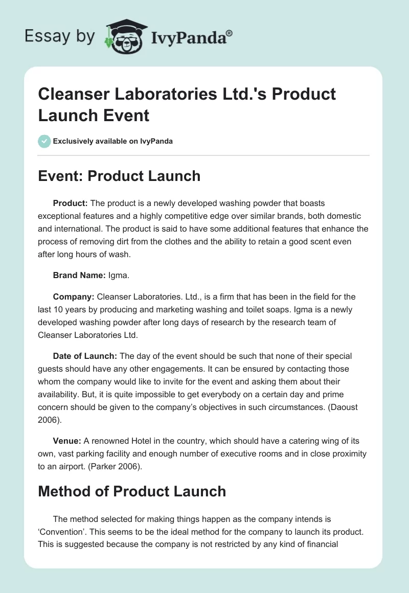 Cleanser Laboratories Ltd.'s Product Launch Event. Page 1