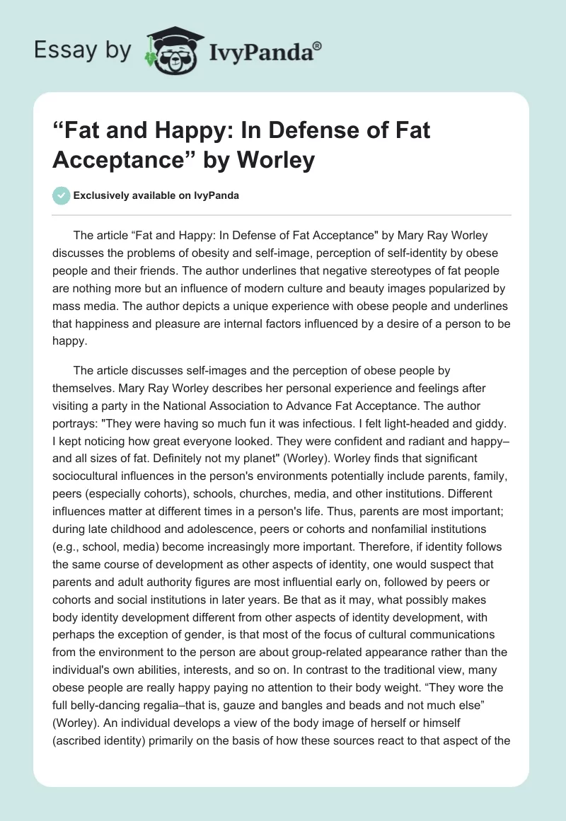 “Fat and Happy: In Defense of Fat Acceptance” by Worley. Page 1