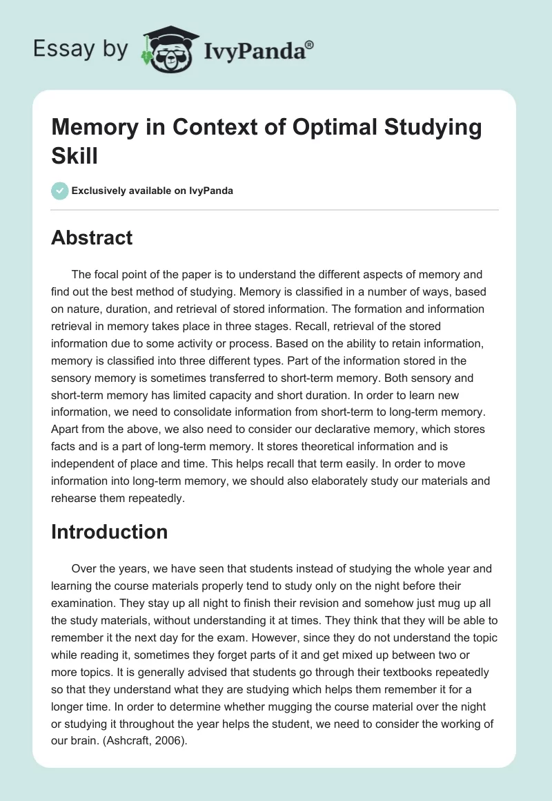 Memory in Context of Optimal Studying Skill. Page 1