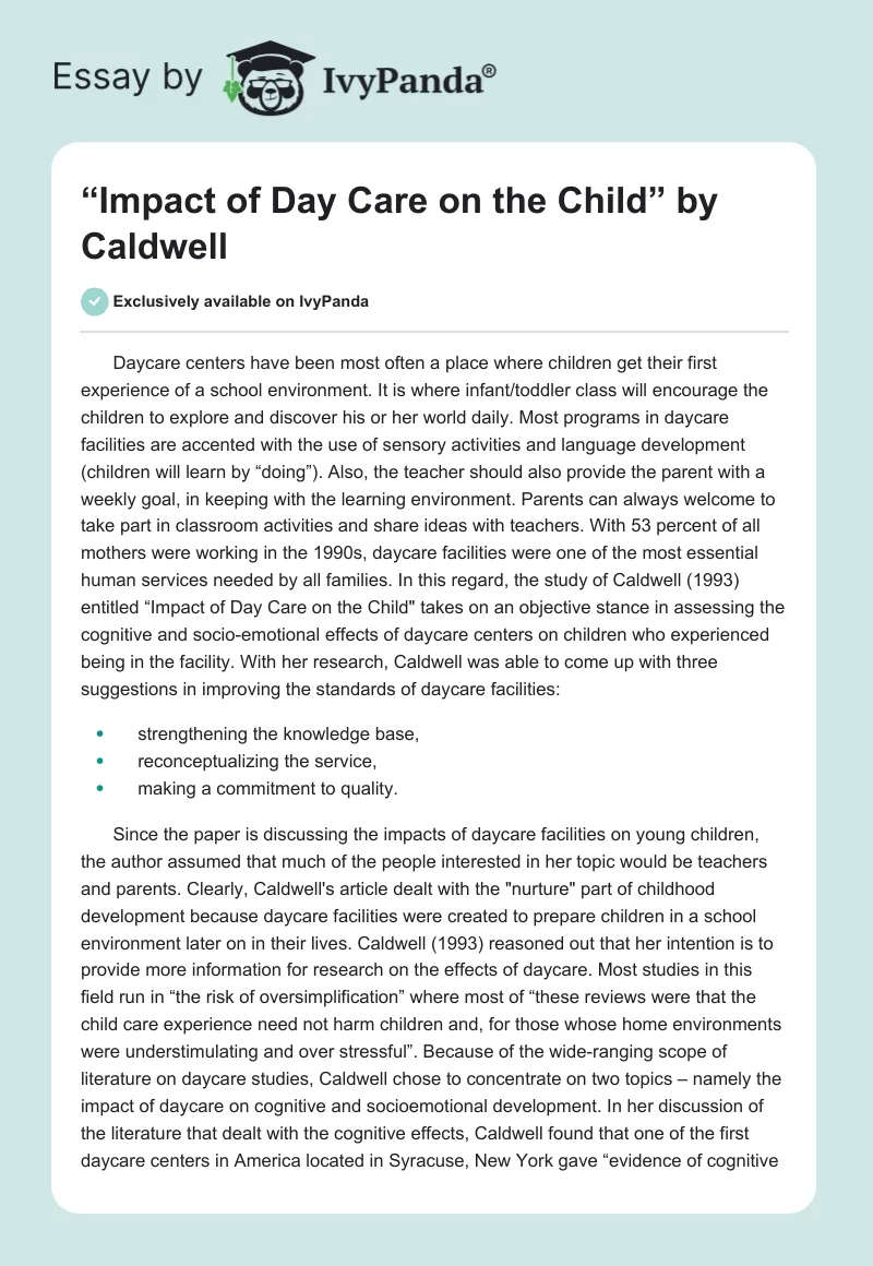 “Impact of Day Care on the Child” by Caldwell. Page 1