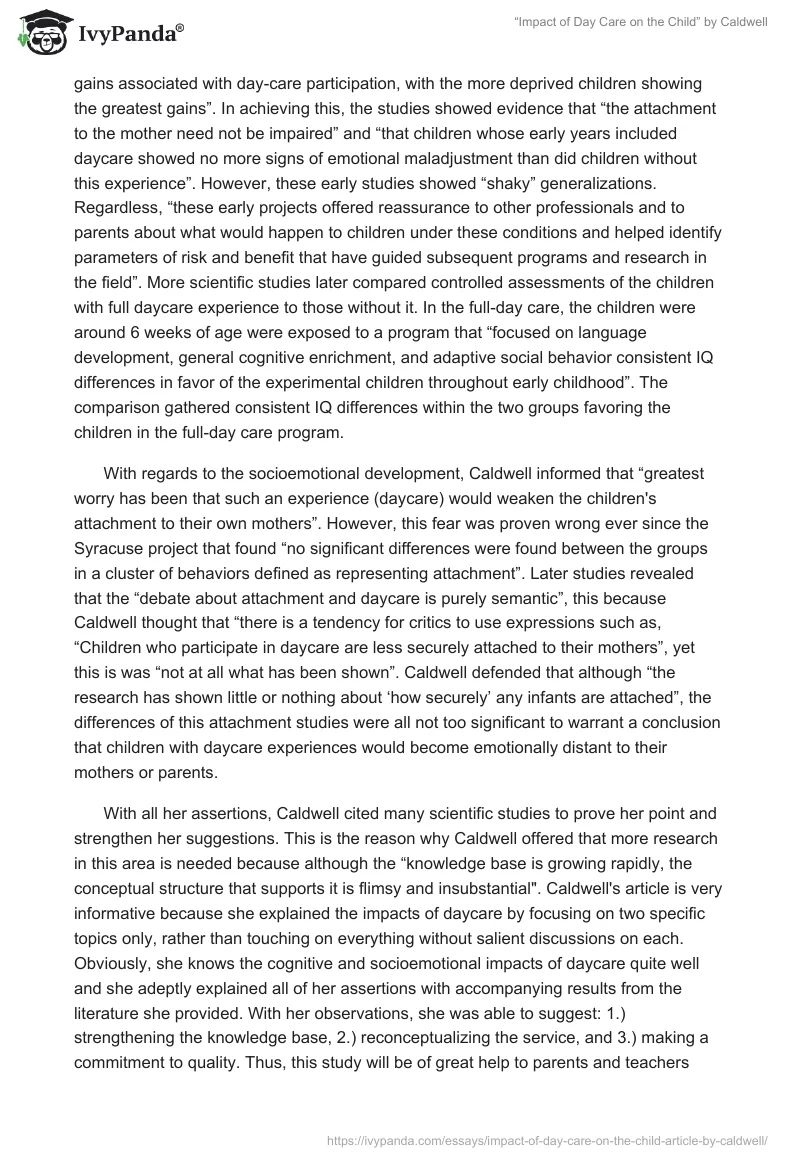 “Impact of Day Care on the Child” by Caldwell. Page 2