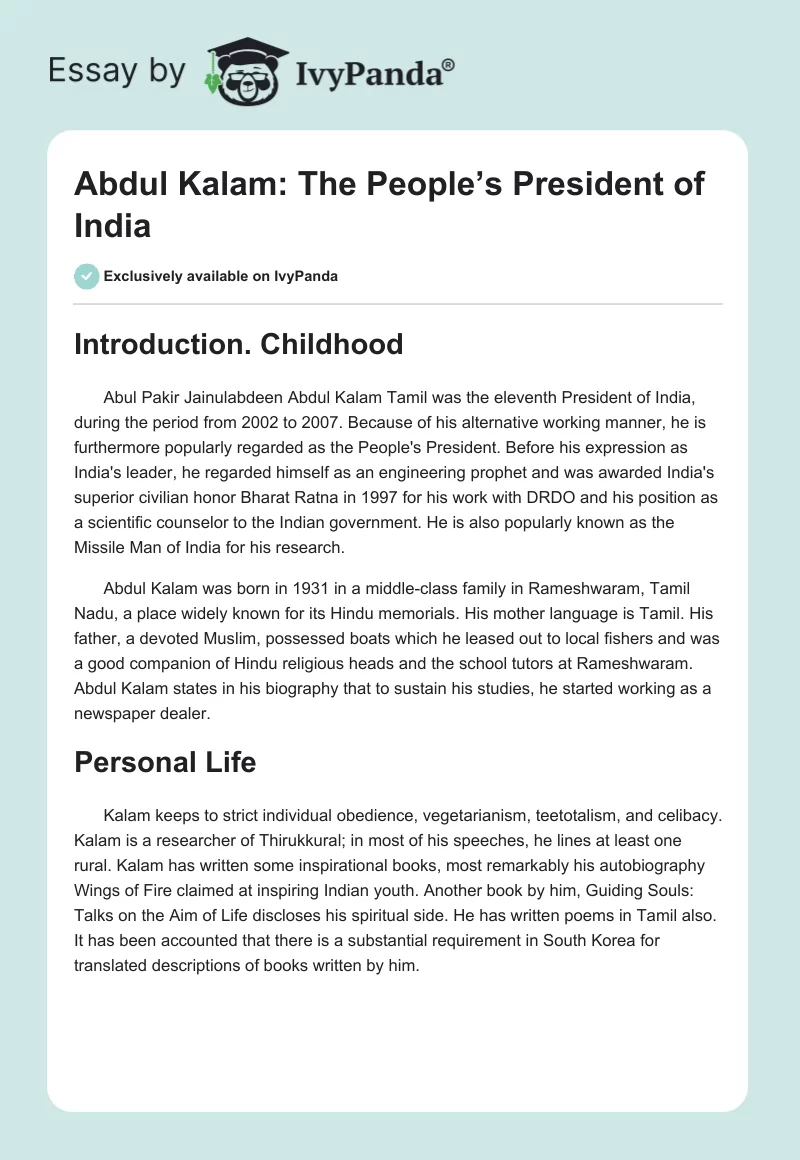 Abdul Kalam: The People’s President of India. Page 1