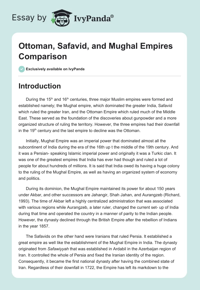 Ottoman, Safavid, and Mughal Empires Comparison. Page 1