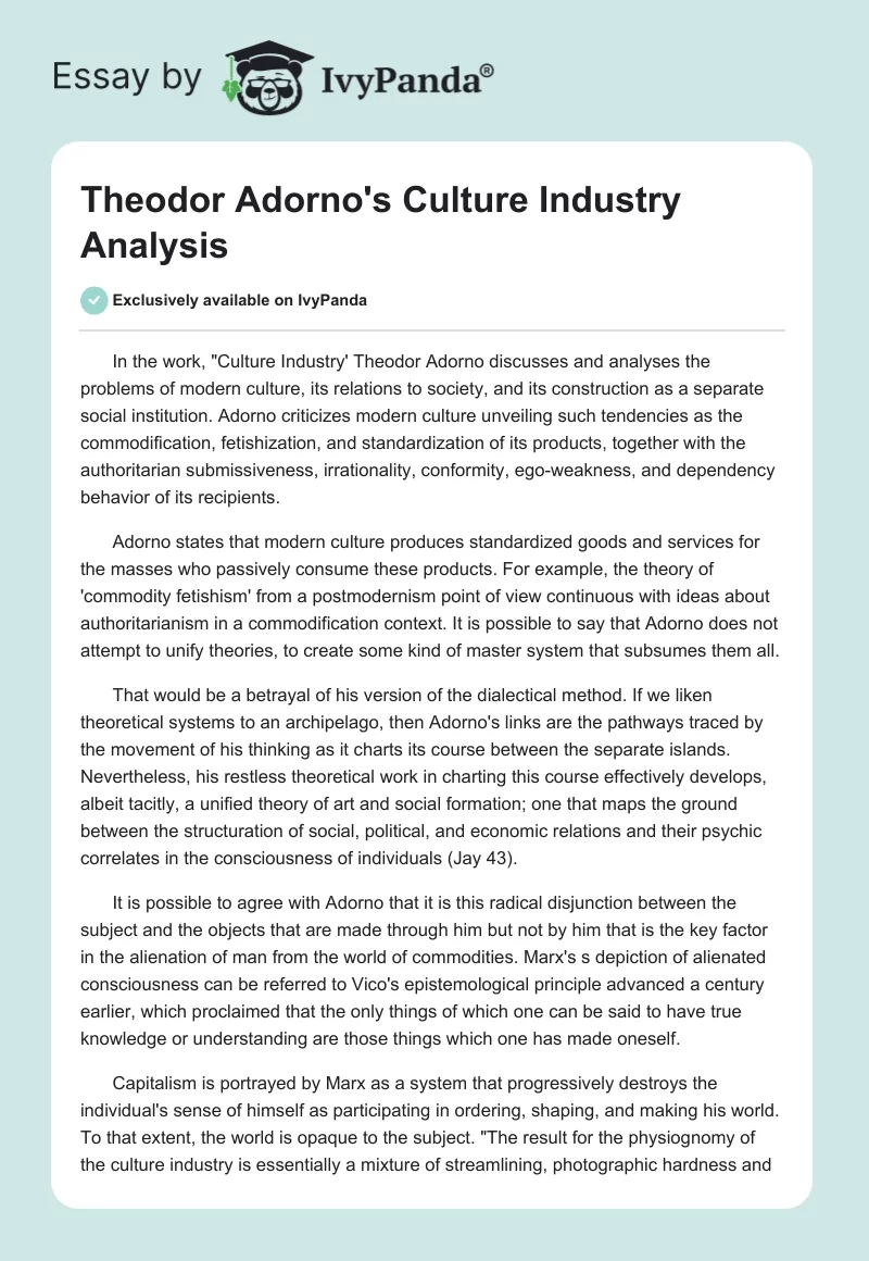 Theodor Adorno's "Culture Industry" Analysis. Page 1