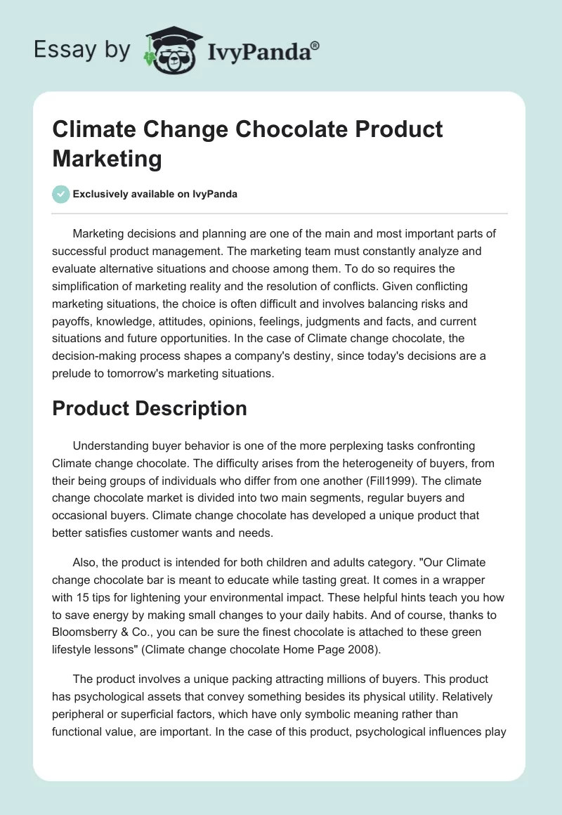 Climate Change Chocolate Product Marketing. Page 1