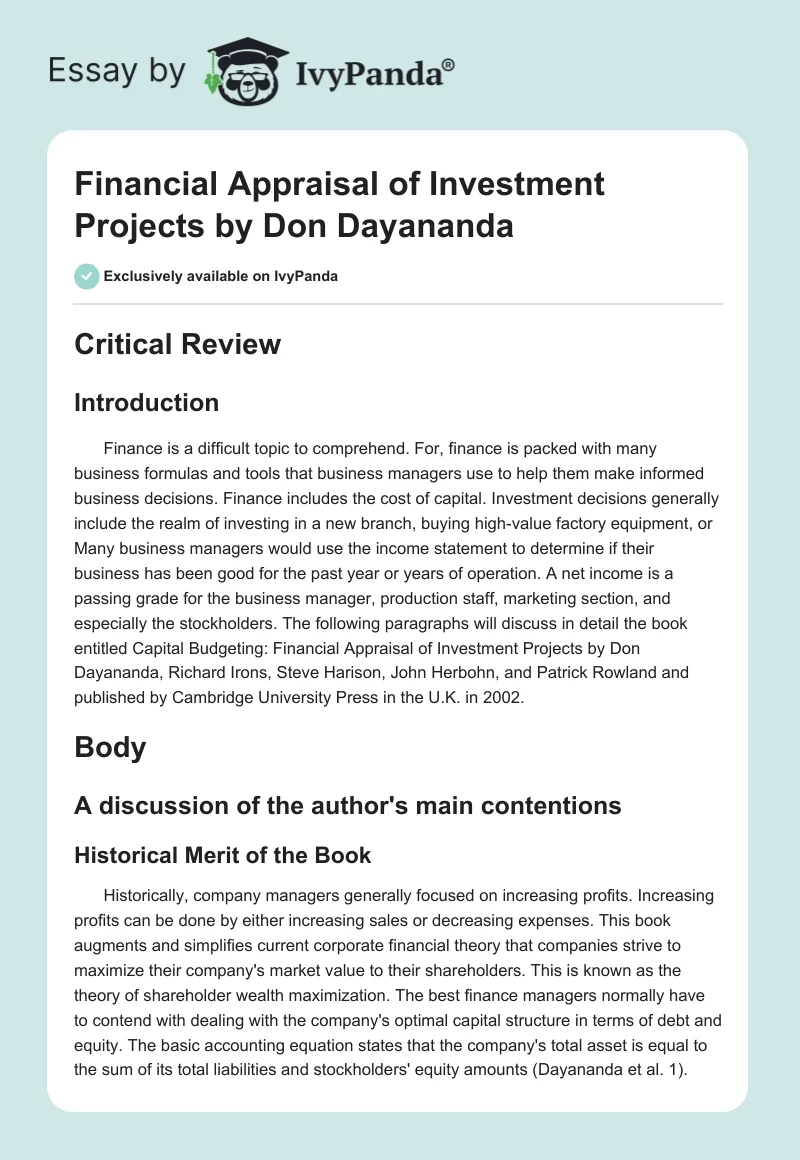 "Financial Appraisal of Investment Projects" by Don Dayananda. Page 1