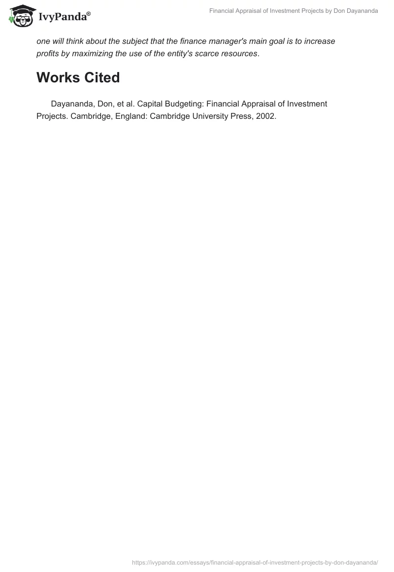 "Financial Appraisal of Investment Projects" by Don Dayananda. Page 5