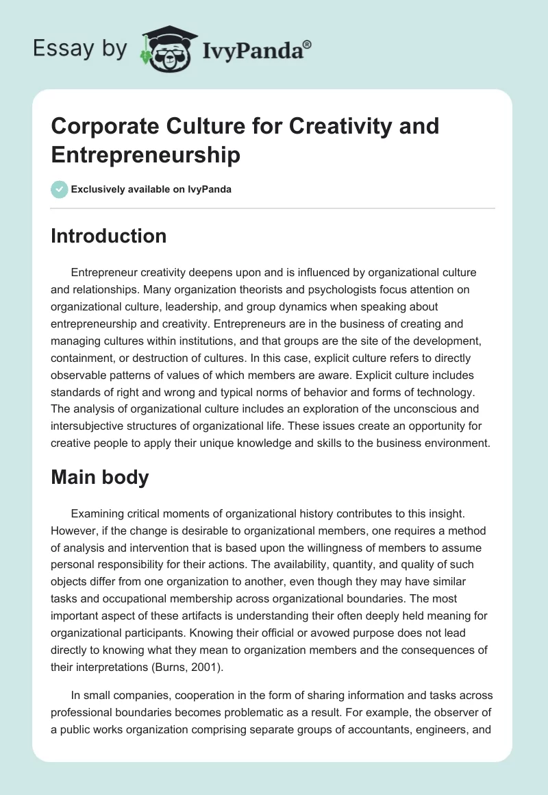 Corporate Culture for Creativity and Entrepreneurship. Page 1