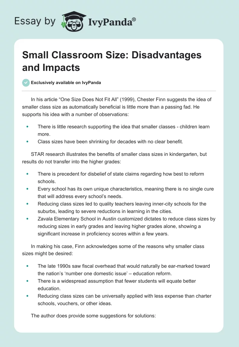 Small Classroom Size: Disadvantages and Impacts. Page 1