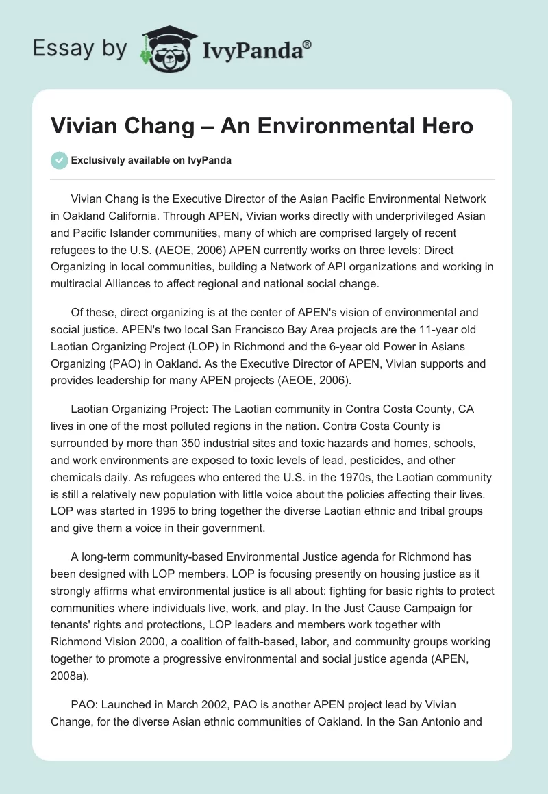 Vivian Chang – An Environmental Hero. Page 1