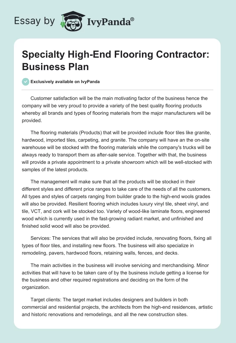 Specialty High-End Flooring Contractor: Business Plan. Page 1