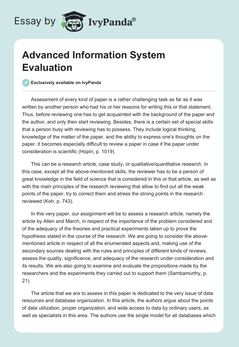 Advanced Information System Evaluation. Page 1