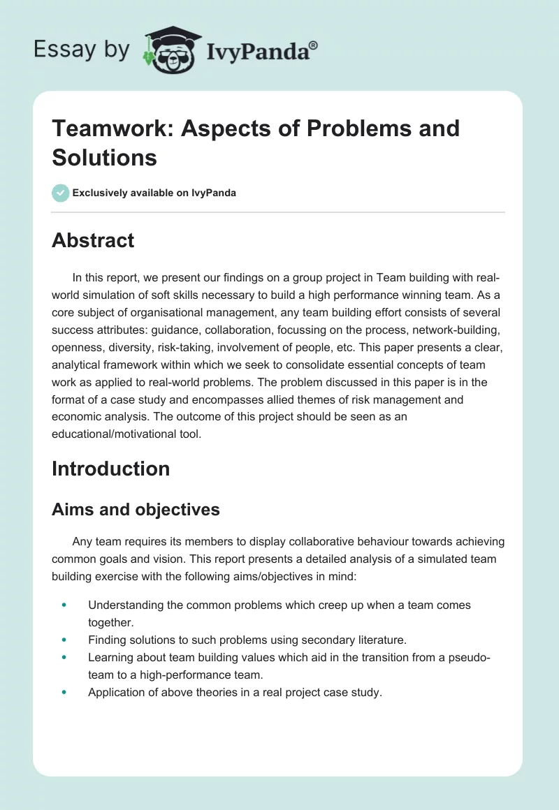 Teamwork: Aspects of Problems and Solutions. Page 1