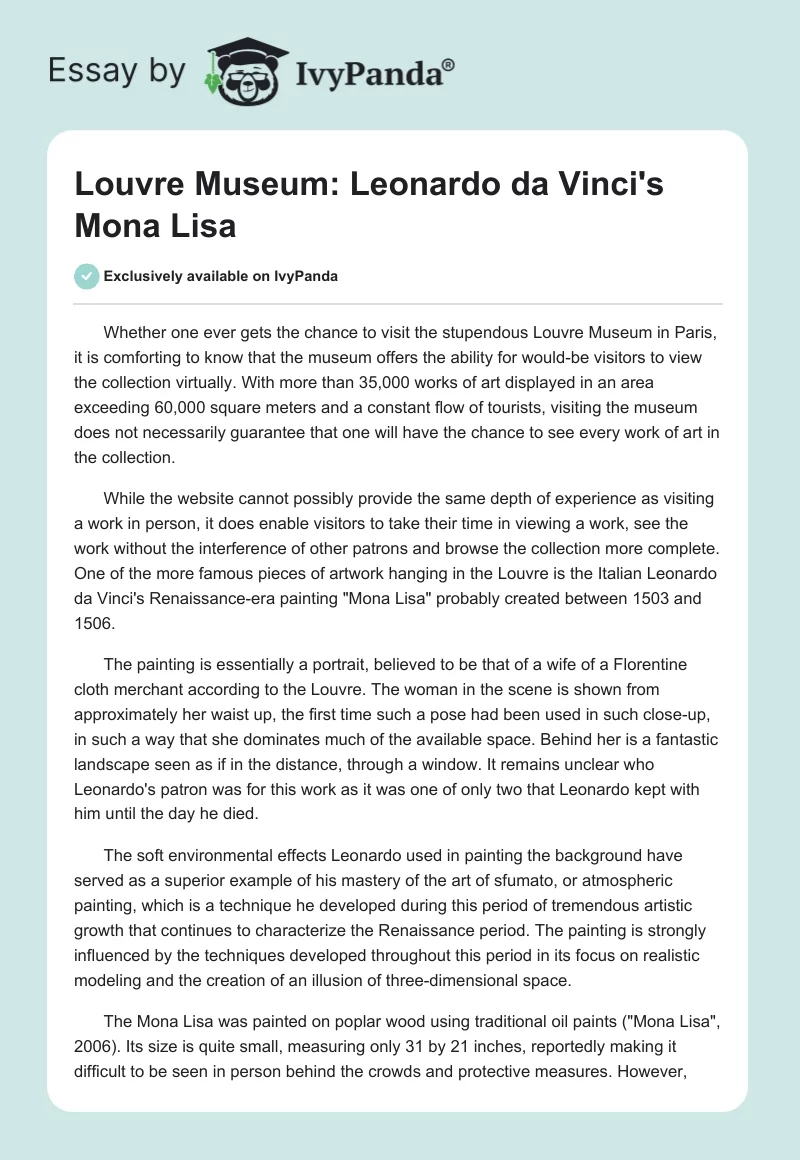 Louvre Museum: Leonardo Da Vinci's "Mona Lisa". Page 1