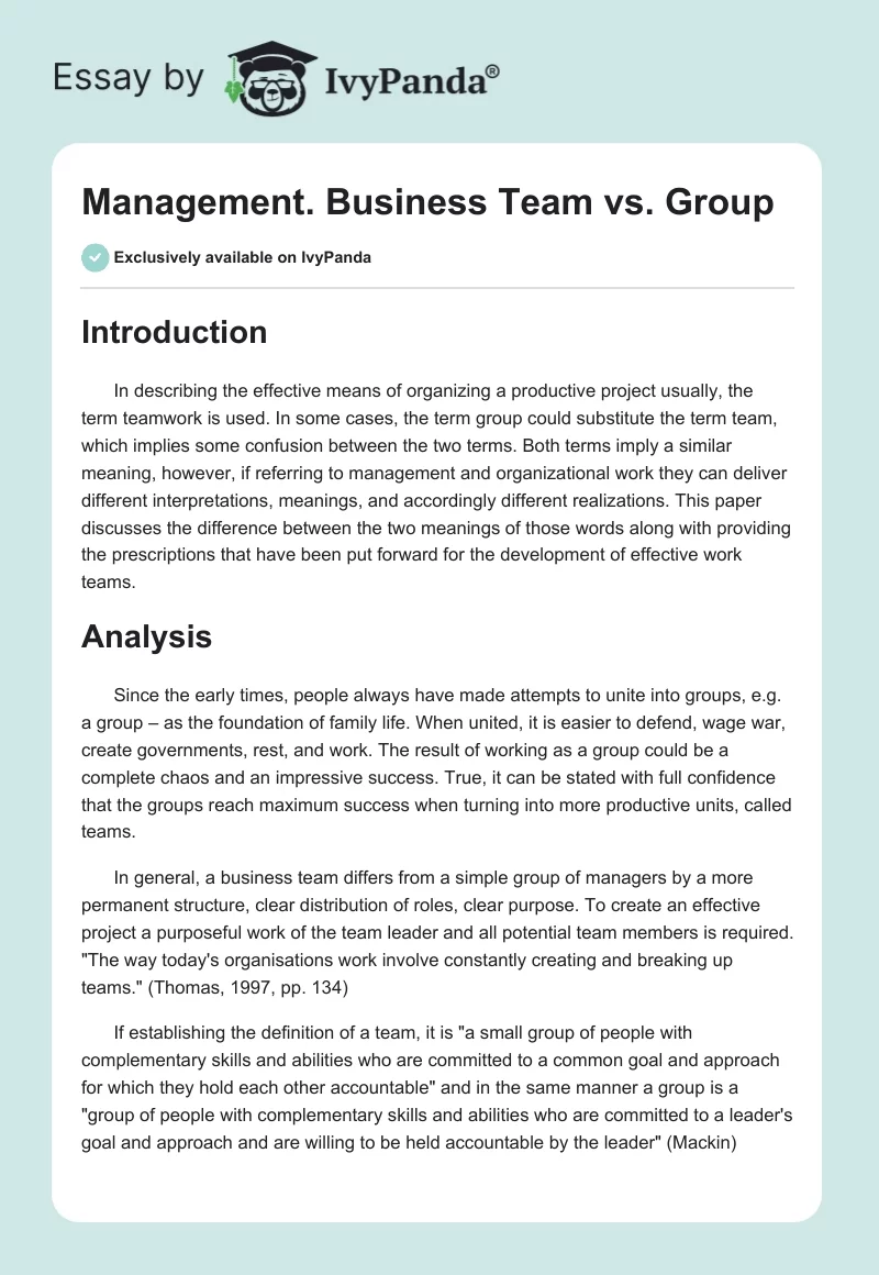 Management. Business Team vs. Group. Page 1