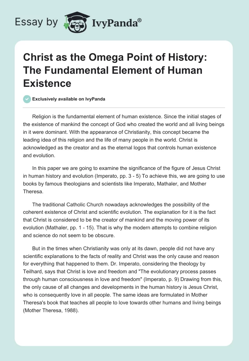 Christ as the Omega Point of History: The Fundamental Element of Human Existence. Page 1
