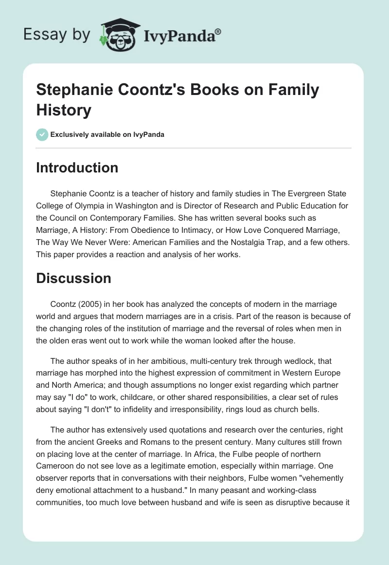 Stephanie Coontz's Books on Family History. Page 1