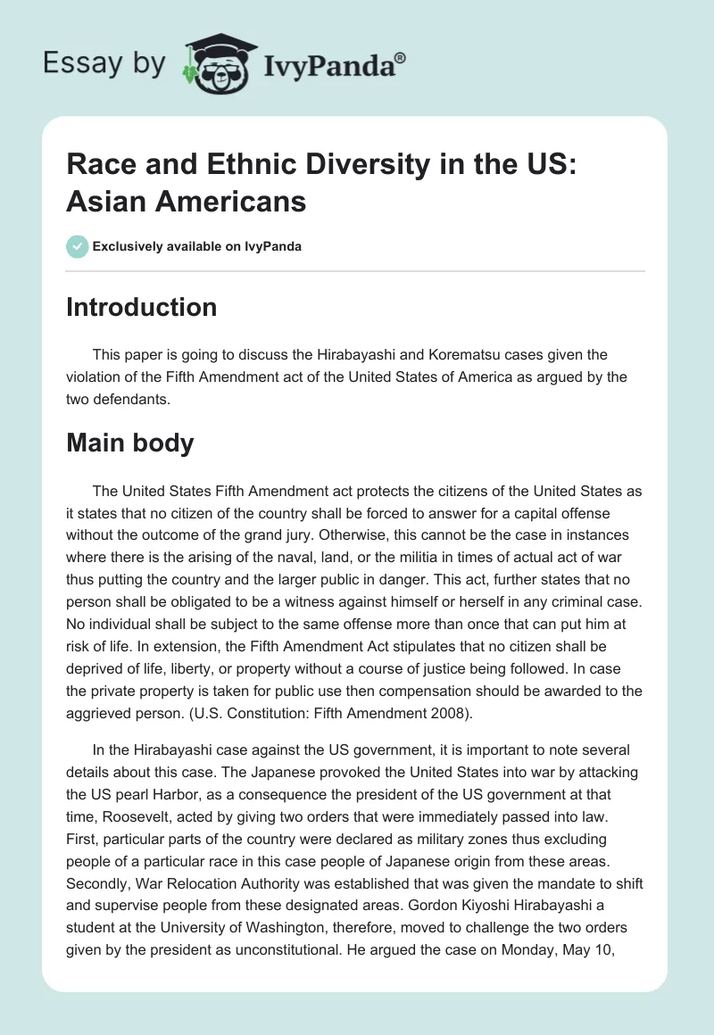 Race and Ethnic Diversity in the US: Asian Americans. Page 1
