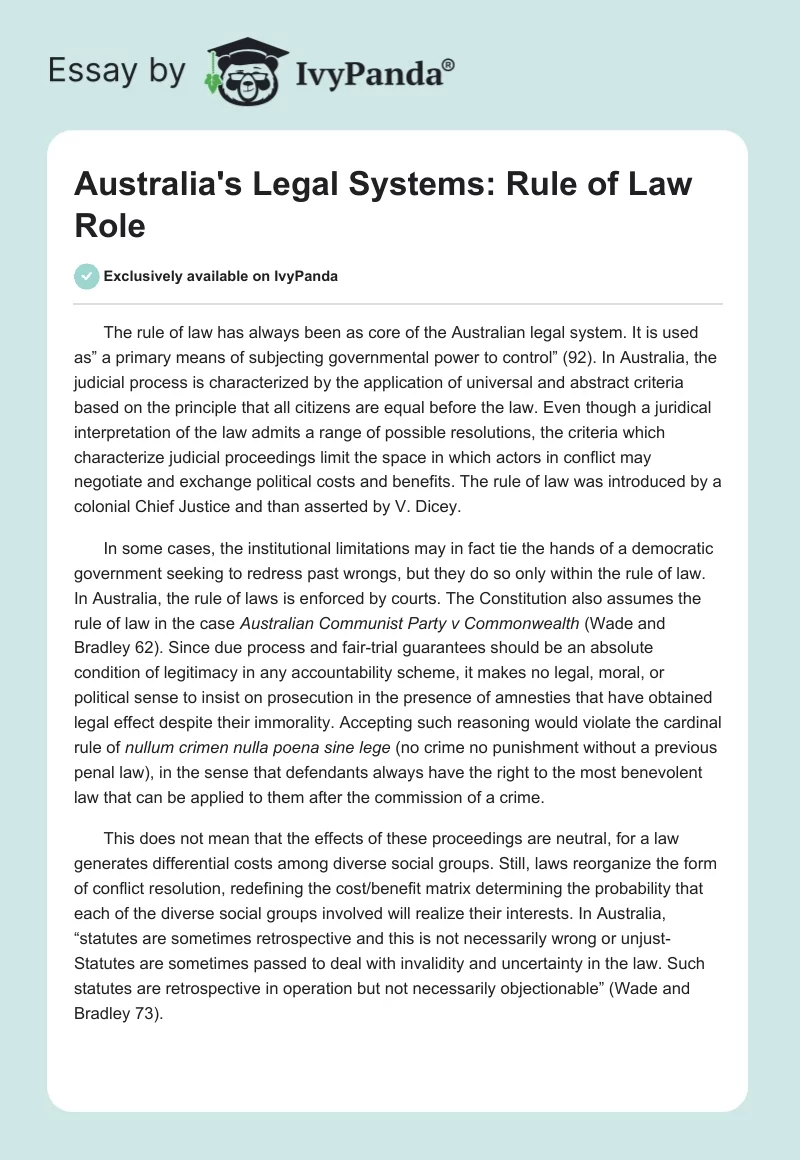 Australia's Legal Systems: Rule of Law Role. Page 1