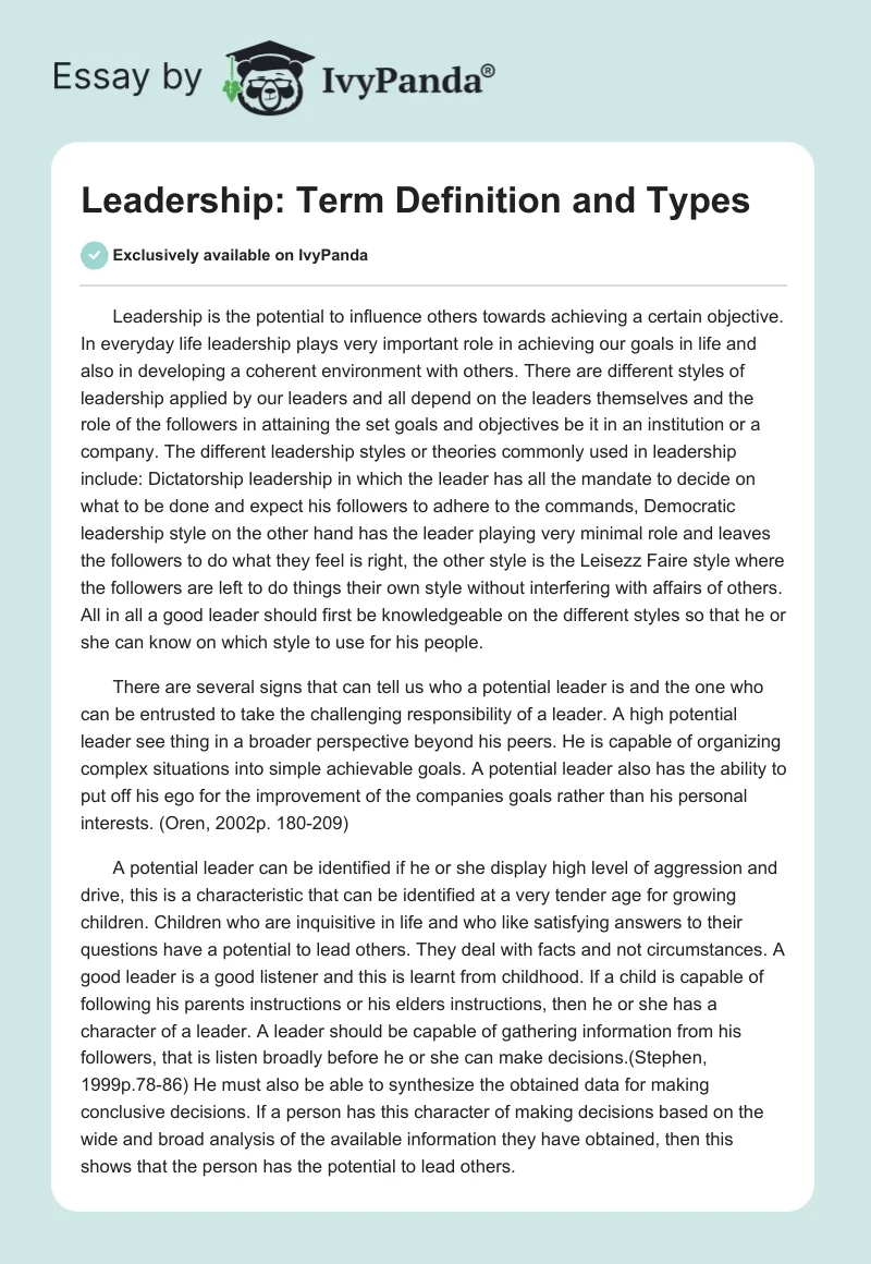 Leadership: Term Definition and Types. Page 1