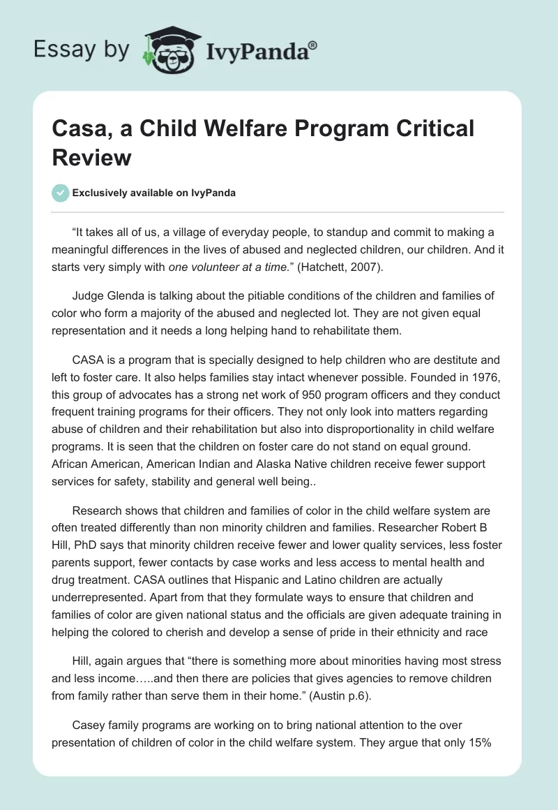 Casa, a Child Welfare Program Critical Review. Page 1
