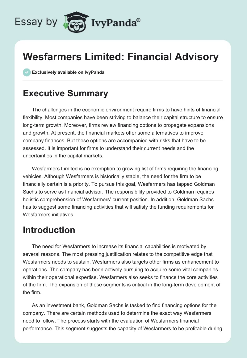 Wesfarmers Limited: Financial Advisory. Page 1