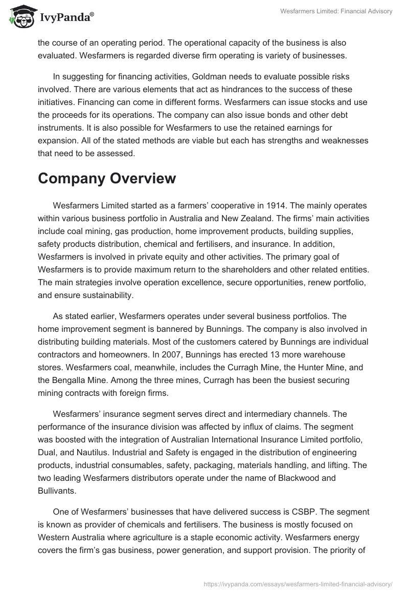 Wesfarmers Limited: Financial Advisory. Page 2