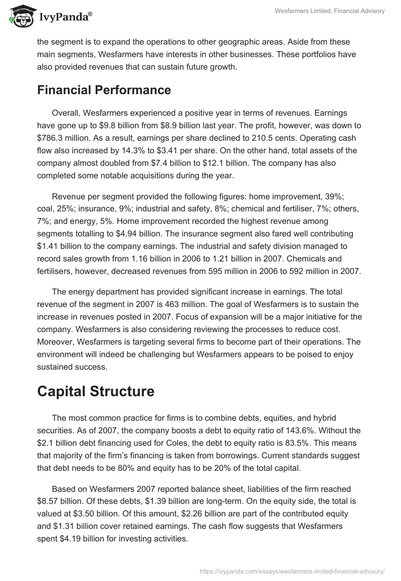 Wesfarmers Limited: Financial Advisory. Page 3