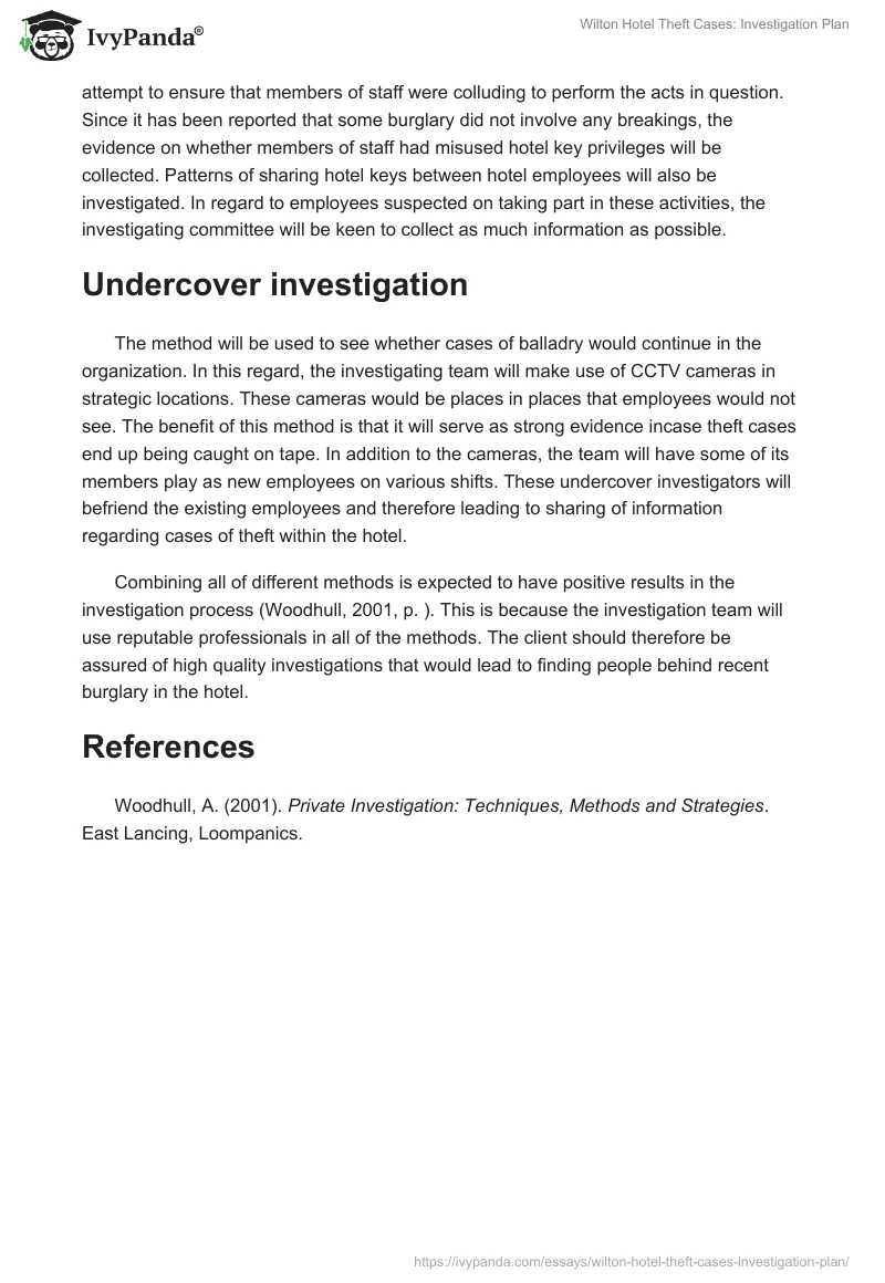 Wilton Hotel Theft Cases: Investigation Plan. Page 2