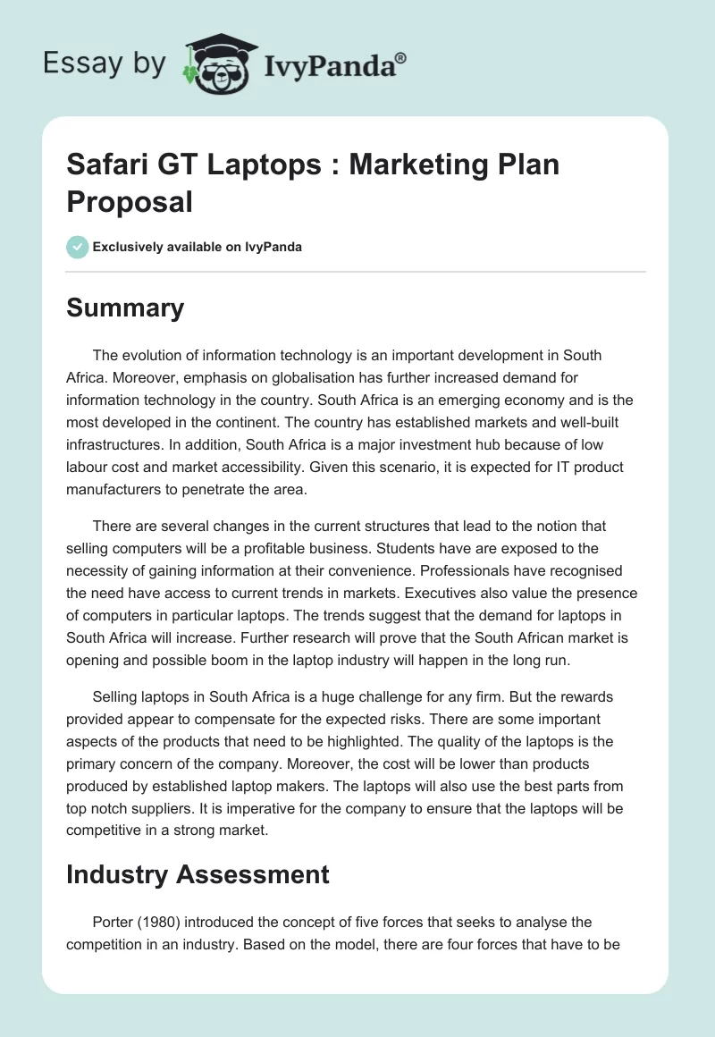 Safari GT Laptops : Marketing Plan Proposal. Page 1
