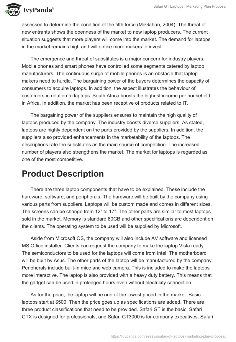 Safari GT Laptops : Marketing Plan Proposal. Page 2