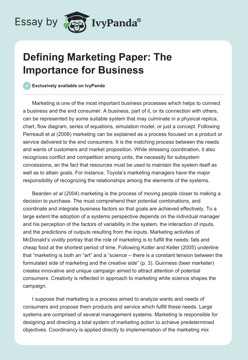 Defining Marketing Paper: The Importance for Business. Page 1