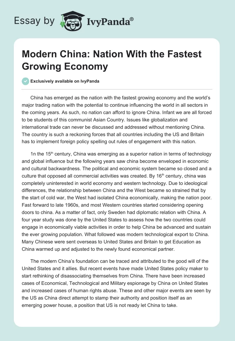 Modern China: Nation With the Fastest Growing Economy. Page 1