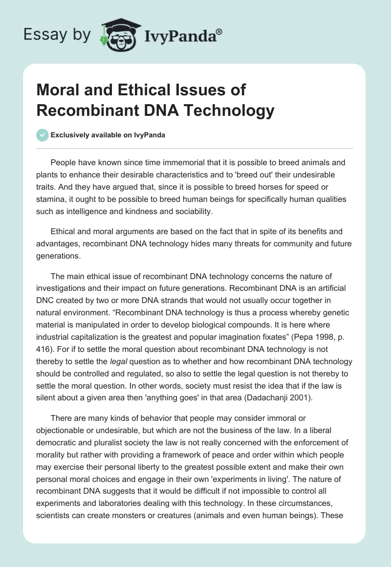 Moral and Ethical Issues of Recombinant DNA Technology. Page 1