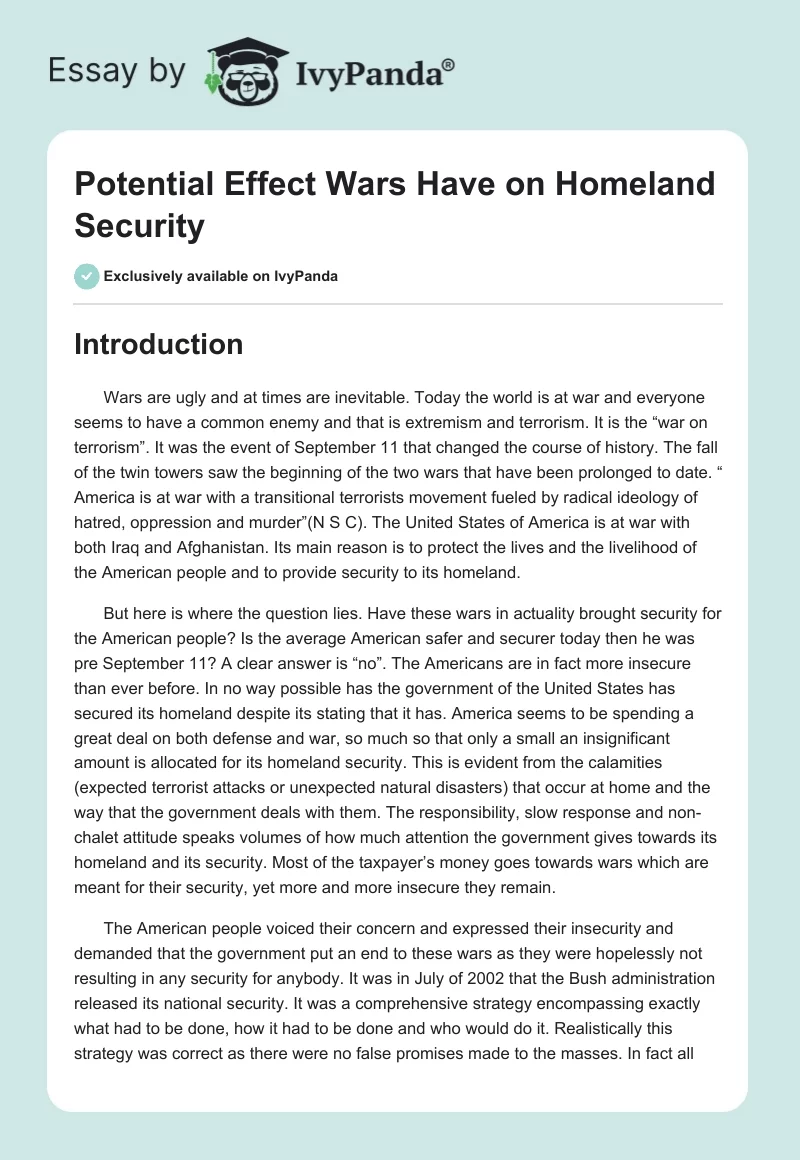 Potential Effect Wars Have on Homeland Security. Page 1