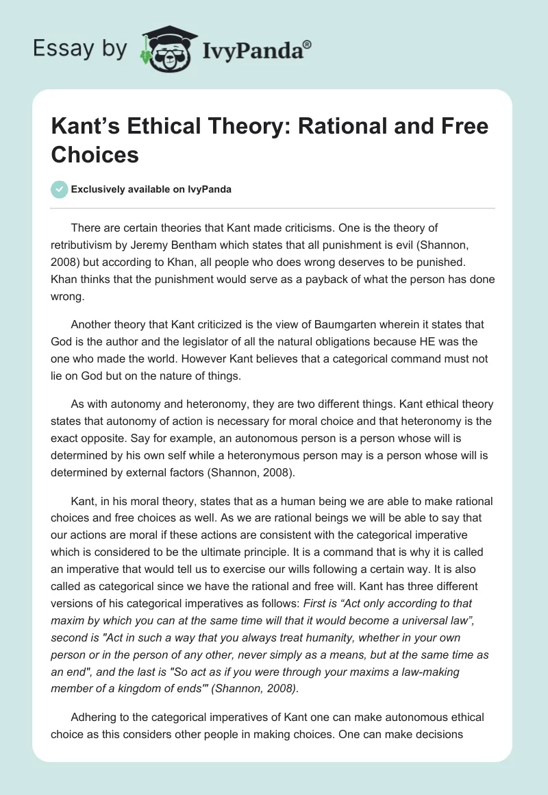 Kant’s Ethical Theory: Rational and Free Choices. Page 1