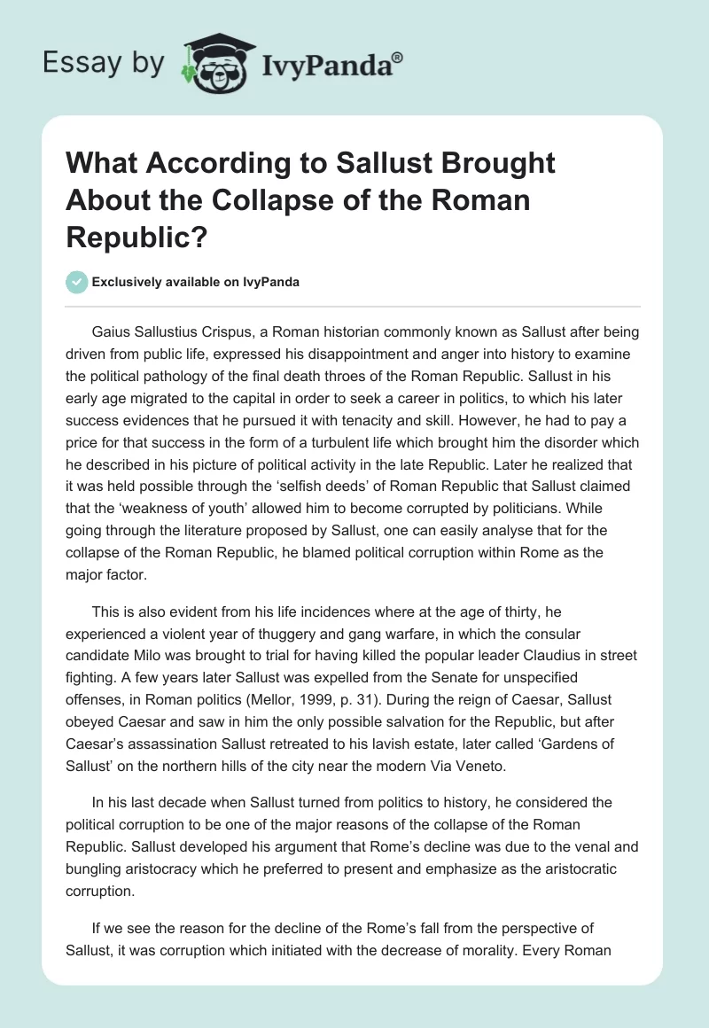 What According to Sallust Brought About the Collapse of the Roman Republic?. Page 1