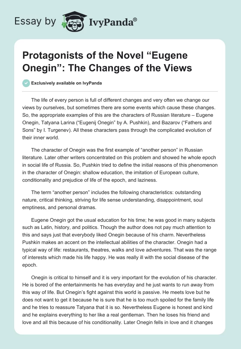 Protagonists of the Novel “Eugene Onegin”: The Changes of the Views. Page 1