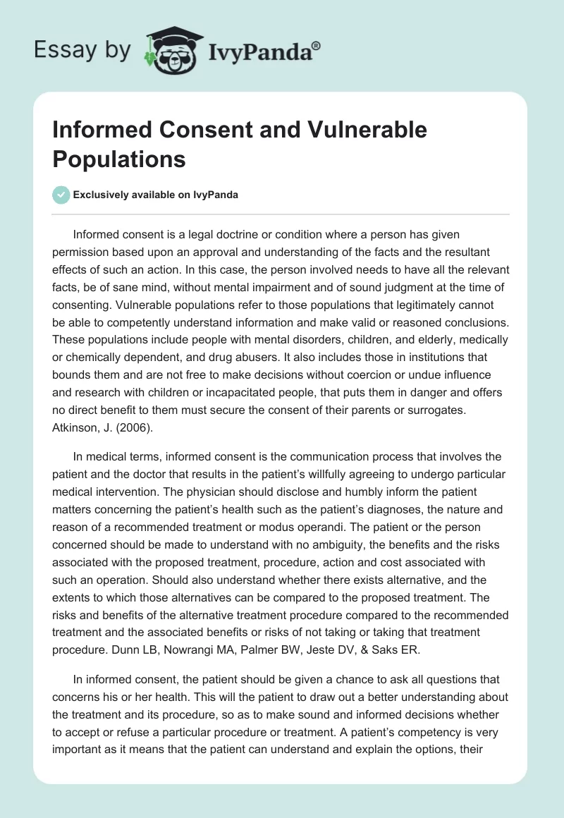 Informed Consent and Vulnerable Populations. Page 1