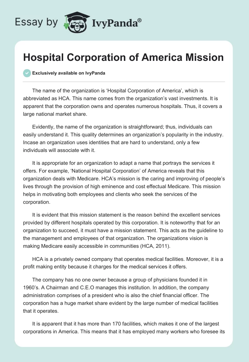 Hospital Corporation of America Mission. Page 1