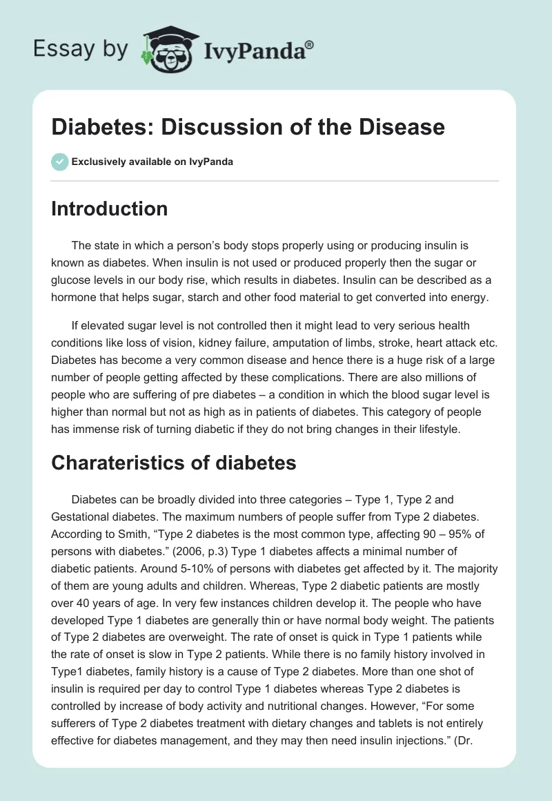 Diabetes: Discussion of the Disease. Page 1