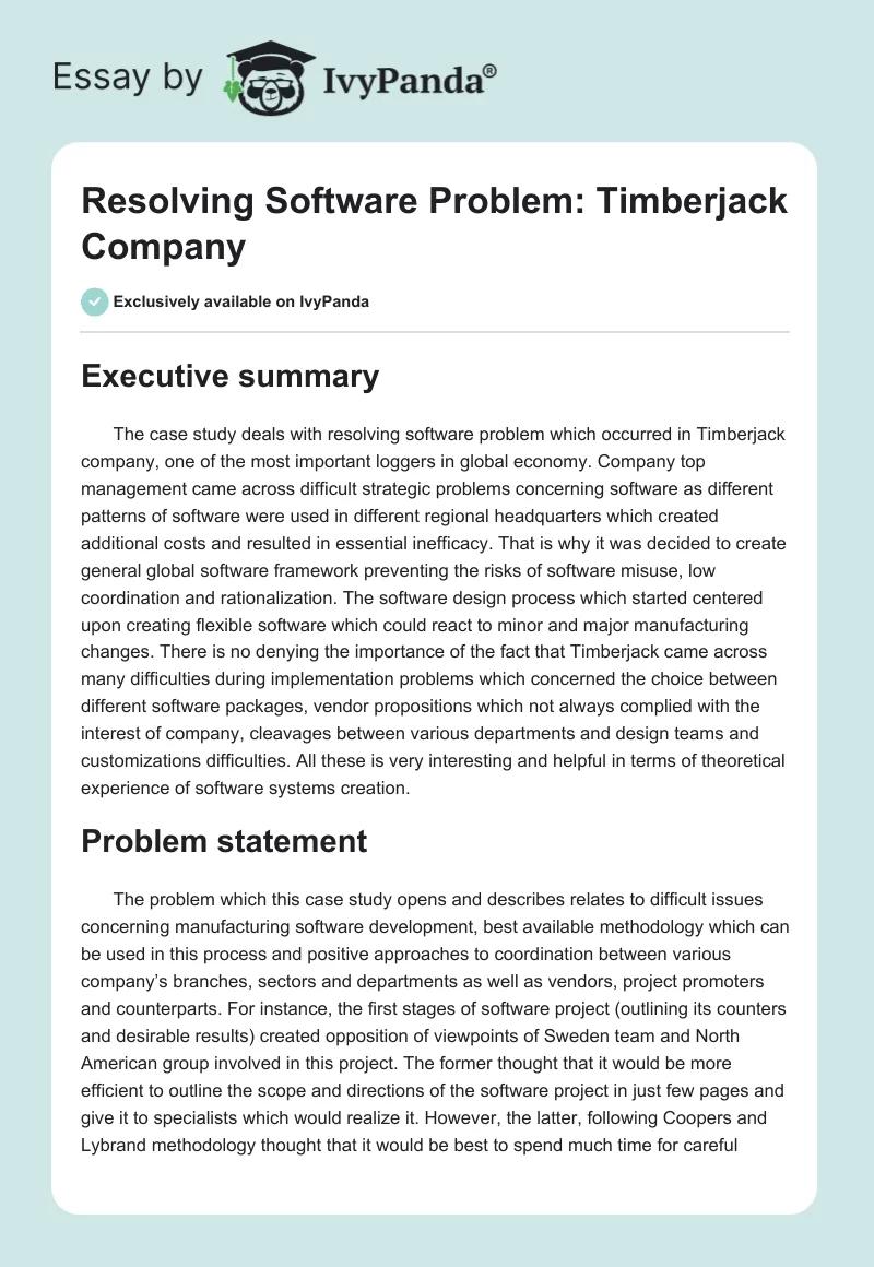Resolving Software Problem: Timberjack Company. Page 1