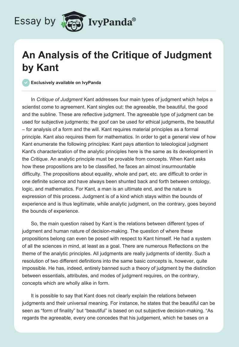 An Analysis of the Critique of Judgment by Kant. Page 1