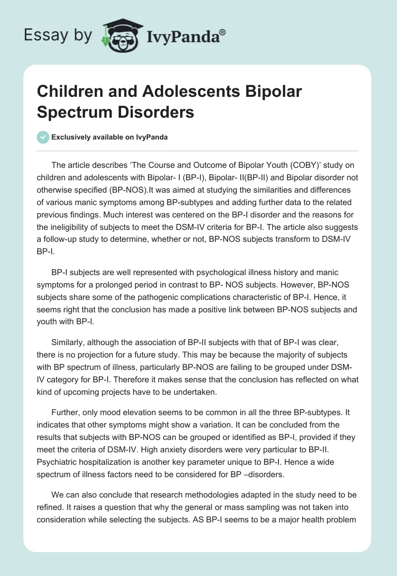 Children and Adolescents Bipolar Spectrum Disorders. Page 1