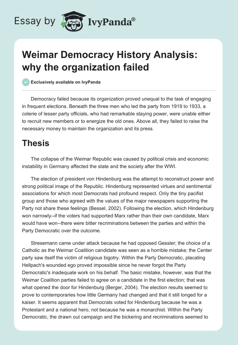 Weimar Democracy History Analysis: Why the Organization Failed. Page 1