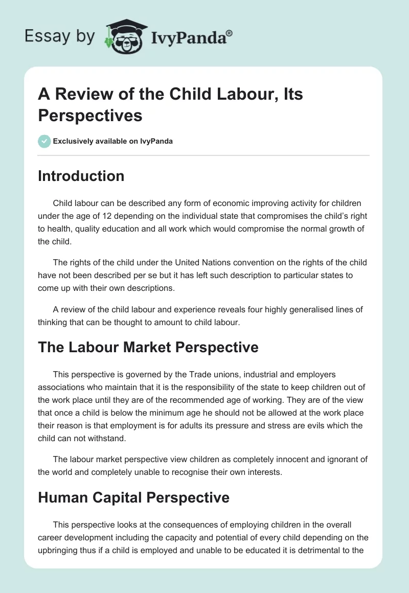 A Review of the Child Labour, Its Perspectives. Page 1